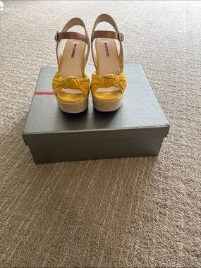 Prada Yellow Knot-Front Espadrille Wedge Sandals with Brown Ankle Strap